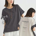 Lo-Fi バックプリントバイカラープルオーバー コットン 綿 レディース トップス Tシャツ カットソー プルオーバー 異素材 ゆったり ベージュ チャコールグレー