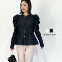 PICCIN PERLA ギャザースリーブパールボタンペプラムブラウス ブラウス レディース 長袖 ギャザースリーブ ペプラム パールボタン オフホワイト ブラック