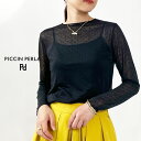 PICCIN PERLA フロッキードットシアークルーネックカットソー レディース カットソー クルーネック シアートップス ミニドット ドット フロッキードット 水玉 シアー 透け感 ブラック 黒