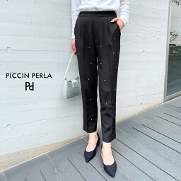 《9日(日)20時～》[クーポン利用→12870円]PICCIN PERLA フロントタック センタープレス ラインストーンパンツ パンツ レディース 秋冬 秋 冬 ブラック 黒 タック センタープレス ラインストーン キラキラ きれいめ オフィス ビジネス