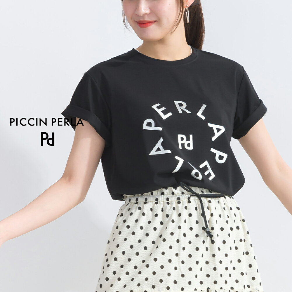 PICCIN PERLA サークルプリントTシャツ プリントTシャツ Tシャツ サークルプリント 箔プリント クルーネック 半袖 ショート丈 きれいめ カジュアル きれいめカジュアル カジュアル ホワイト ブラック