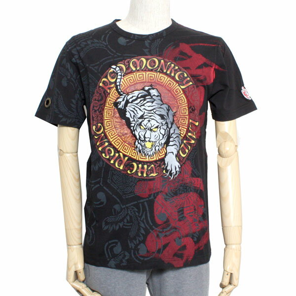 Red Monkey レッドモンキー メンズ Tシャツ 半袖 LAND OF THE RISING RDMT103 プリント 刺繍 トラ 虎 ブラック レッド メンズファッション トップス