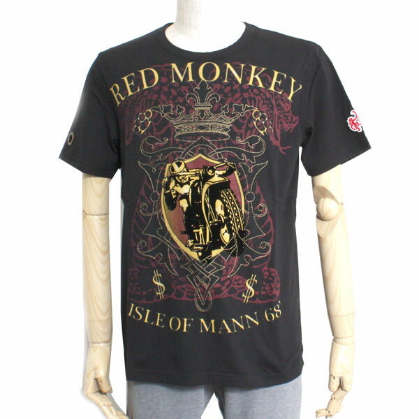 Red Monkey レッドモンキー メンズ Tシャツ 半袖 ISLE OF MANN RMLA007 バイク プリント 刺繍 ブラック メンズファッション トップス
