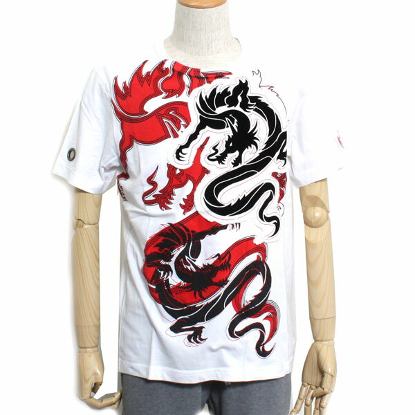 Red Monkey レッドモンキー メンズ Tシャツ 半袖 36 CHAMBERS RMLA106プリント 刺繍 龍 ドラゴン ホワイト レッド メンズファッション トップス