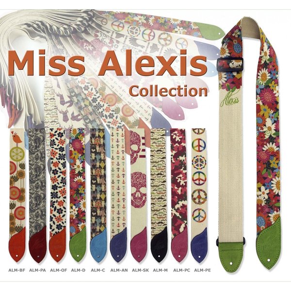 LM Strap Miss Alexis コレクション 最大長さ：約142cm（穴から穴まで） 最小長さ：約83cm（穴から穴まで） 幅：約50cm ファッショントレンドに敏感な女性のミュージシャンの為にデザインされたギターストラップ"Miss Alexis"。 シリーズ全10種類がLM-STRAPより新発売。 ナチュラル・ホワイトのコットン生地に、オシャレなデザインをプリント。 エンドピン部分にはカラフルなスエード生地を使った、リーフ型のオリジナルデザイン。 ALM-BF JAN:4514922195790 ALM-PA JAN:4514922195806 ALM-OF JAN:4514922195813 ALM-D JAN:4514922195820 ALM-C JAN:4514922195837 ALM-AN JAN:4514922195844 ALM-SK JAN:4514922195851 ALM-M JAN:4514922195868 ALM-PC JAN:4514922195875 ALM-PE JAN:4514922195882 ※製作時期などにより、部分的に商品画像と色合いが違う場合があります。