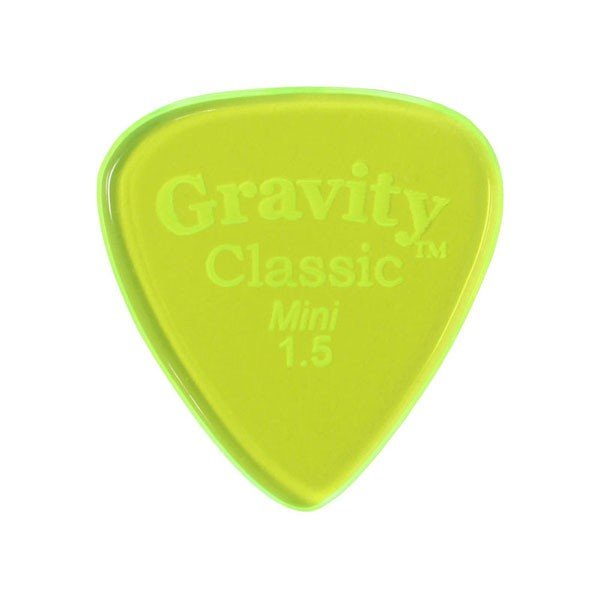 グラヴィティ ギター ピック　Classic Mini 形状：Classic-Mini 厚さ：1.5mm, Fluorescent Green 材質：アクリル 販売単位：1枚グラビティギターピックは、ハンドメイドでピックを製作するアメリカのブランド。アクリル素材を職人の手によりひとつひとつ丁寧に加工され作られるピックは、美しく磨き上げられ、手に馴染む使い心地と、スムースな演奏性、すばらしいトーンを生み出します。 アクリルを使用し独特のエッジデザインを採用する事で、速くラウドなプレイにも対応。一般的なピックに比べ耐久性も高く、同じトーン、同じ演奏性で長期間使用できるのも特徴です。 その他のGRAVITYピックを探す