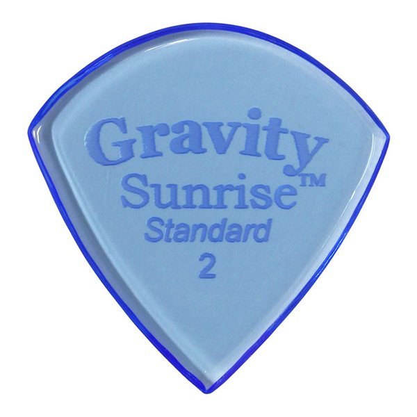 グラヴィティ ギター ピック　Sunrise - Standard 形状：Sunrise - Standard 厚さ：2.0mm, Blue 材質：アクリル 販売単位：1枚グラビティギターピックは、ハンドメイドでピックを製作するアメリカのブランド。アクリル素材を職人の手によりひとつひとつ丁寧に加工され作られるピックは、美しく磨き上げられ、手に馴染む使い心地と、スムースな演奏性、すばらしいトーンを生み出します。 アクリルを使用し独特のエッジデザインを採用する事で、速くラウドなプレイにも対応。一般的なピックに比べ耐久性も高く、同じトーン、同じ演奏性で長期間使用できるのも特徴です。 その他のGRAVITYピックを探す