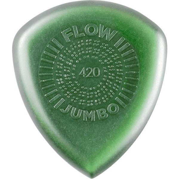ジムダンロップ　FLOW JUMBO 耐久性のあるUltex素材のおかげで、Flow Picksは豊かでパワフルな倍音を作り出します。 リッチな音で丈夫なUltexを採用、エッジに傾斜を付け、微妙な表情を付けられます。 形状：ティアドロップ 材質：Ultex 厚さ：4.2 mm 加工：エンボス加工 販売単位：1枚