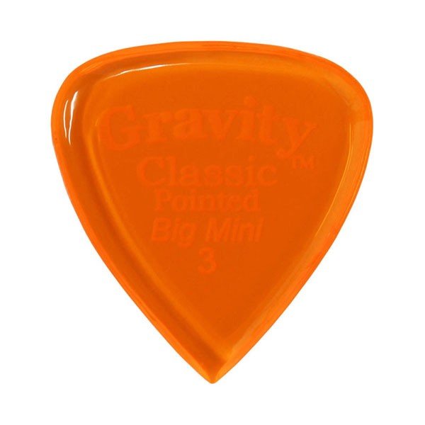 グラヴィティ ギター ピック　Classic Pointed - Big Mini 形状：Classic Pointed - Big Min 厚さ：3.0mm, Orange 材質：アクリル 販売単位：1枚グラビティギターピックは、ハンドメイドでピックを製作するアメリカのブランド。アクリル素材を職人の手によりひとつひとつ丁寧に加工され作られるピックは、美しく磨き上げられ、手に馴染む使い心地と、スムースな演奏性、すばらしいトーンを生み出します。 アクリルを使用し独特のエッジデザインを採用する事で、速くラウドなプレイにも対応。一般的なピックに比べ耐久性も高く、同じトーン、同じ演奏性で長期間使用できるのも特徴です。 その他のGRAVITYピックを探す
