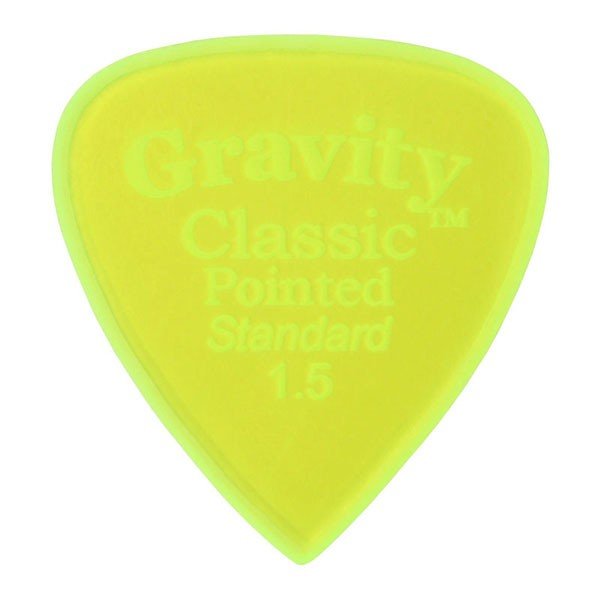 グラヴィティ ギター ピック　Classic Pointed - Standard, Master Finish 形状：Classic Pointed - Standard 厚さ：1.5mm, Fluorescent Green 材質：アクリル 加工：Master Finish(Unpolished) 販売単位：1枚 Master Finish(Unpolished) ピックのエッジをあえて磨き上げず、そのままの状態で仕上げられるマスターフィニッシュ。 弦を滑らかに滑るポリッシュ仕上げに比べ、若干の手応えを感じる弾き心地と、よりブライトなサウンドを生み出します。グラビティギターピックは、ハンドメイドでピックを製作するアメリカのブランド。アクリル素材を職人の手によりひとつひとつ丁寧に加工され作られるピックは、美しく磨き上げられ、手に馴染む使い心地と、スムースな演奏性、すばらしいトーンを生み出します。 アクリルを使用し独特のエッジデザインを採用する事で、速くラウドなプレイにも対応。一般的なピックに比べ耐久性も高く、同じトーン、同じ演奏性で長期間使用できるのも特徴です。 その他のGRAVITYピックを探す