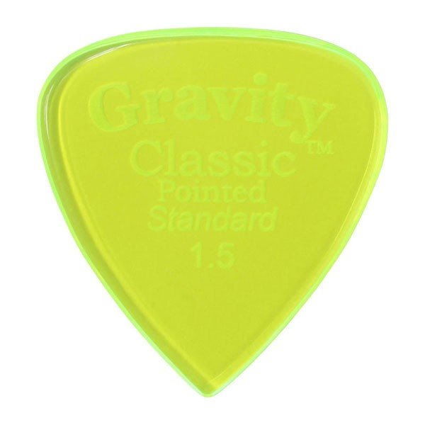 グラヴィティ ギター ピック　Classic Pointed - Standard 形状：Classic Pointed 厚さ：［1.5mm, Fluorescent Green］ 材質：アクリル 販売単位：1枚グラビティギターピックは、ハンドメイドでピックを製作するアメリカのブランド。アクリル素材を職人の手によりひとつひとつ丁寧に加工され作られるピックは、美しく磨き上げられ、手に馴染む使い心地と、スムースな演奏性、すばらしいトーンを生み出します。 アクリルを使用し独特のエッジデザインを採用する事で、速くラウドなプレイにも対応。一般的なピックに比べ耐久性も高く、同じトーン、同じ演奏性で長期間使用できるのも特徴です。 その他のGRAVITYピックを探す