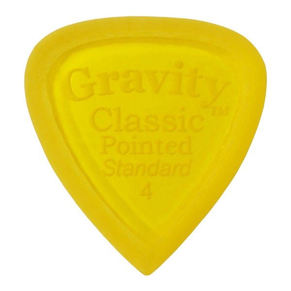 グラヴィティ ギター ピック　Classic Pointed - Standard, Master Finish 形状：Classic Pointed - Standard 厚さ：4.0mm, Yellow 材質：アクリル 加工：Master Finish(Unpolished) 販売単位：1枚 Master Finish(Unpolished) ピックのエッジをあえて磨き上げず、そのままの状態で仕上げられるマスターフィニッシュ。 弦を滑らかに滑るポリッシュ仕上げに比べ、若干の手応えを感じる弾き心地と、よりブライトなサウンドを生み出します。グラビティギターピックは、ハンドメイドでピックを製作するアメリカのブランド。アクリル素材を職人の手によりひとつひとつ丁寧に加工され作られるピックは、美しく磨き上げられ、手に馴染む使い心地と、スムースな演奏性、すばらしいトーンを生み出します。 アクリルを使用し独特のエッジデザインを採用する事で、速くラウドなプレイにも対応。一般的なピックに比べ耐久性も高く、同じトーン、同じ演奏性で長期間使用できるのも特徴です。 その他のGRAVITYピックを探す