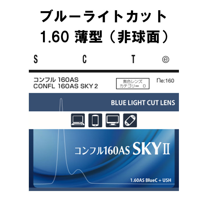 ブルーライトカット イトーレンズ 眼鏡レンズ 非球面 中屈折 1.60 紫外線UVカット400 超撥水コート コンフル160AS SKYII （薄型）2枚1組