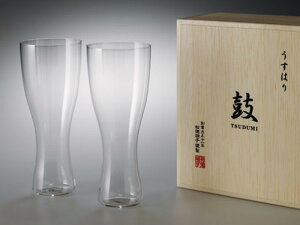 【送料無料】松徳硝子 うすはり ビールグラス ビアグラス ビアカップ ピルスナー ぺアセット 鼓 木箱2個セット　355ml【包装不可】