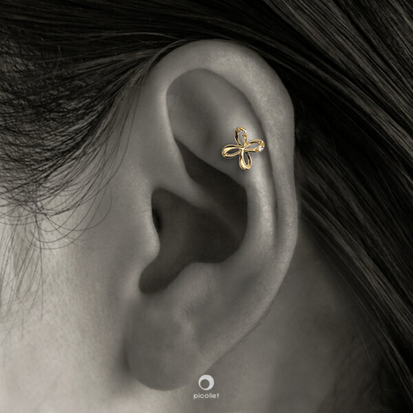 K18 ダイヤモンド │ かわいいフラワー（お花）ボディピアス・K18金イエローゴールド オシャレ軟骨ピアス 16G/14G