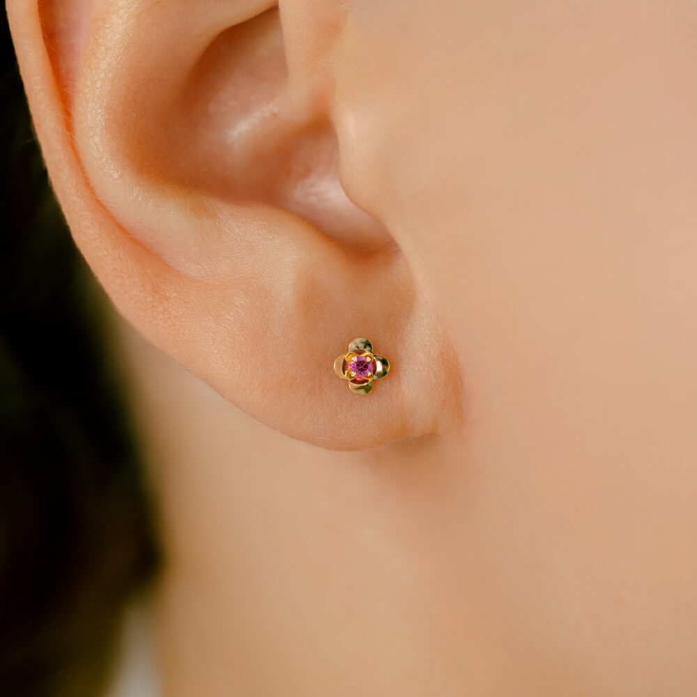 K10 カラーストーン フラワー ボディピアス │ 16G/14G イエローゴールド ルビー/サファイア 天然石 可愛い 花びら