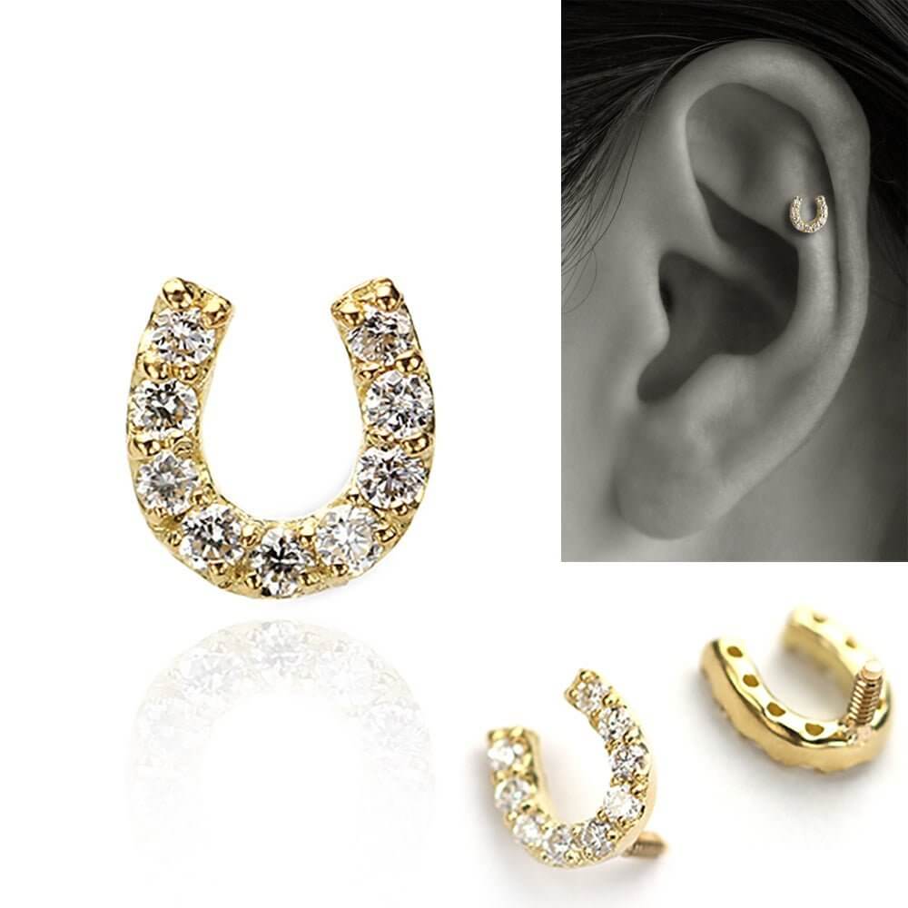 K18 ダイヤモンド 馬蹄 ボディピアス │ 16G/14G │ イエローゴールド/ホワイトゴールド ホースシュー U字型 幸運のお守り