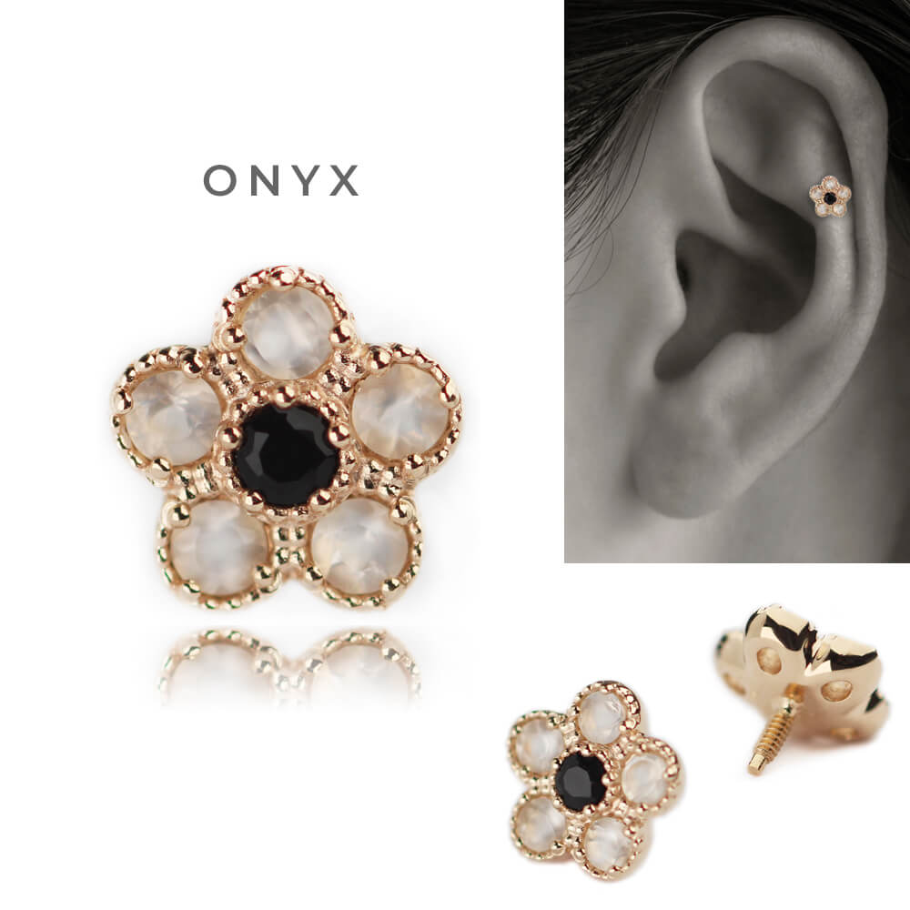 K10 マルチフラワー ボディピアス │ 16G/14G イエローゴールド エメラルド/ロードライトガーネット/ムーンストーン/グリーンガーネット/オニキス 天然石 カラーストーン 花