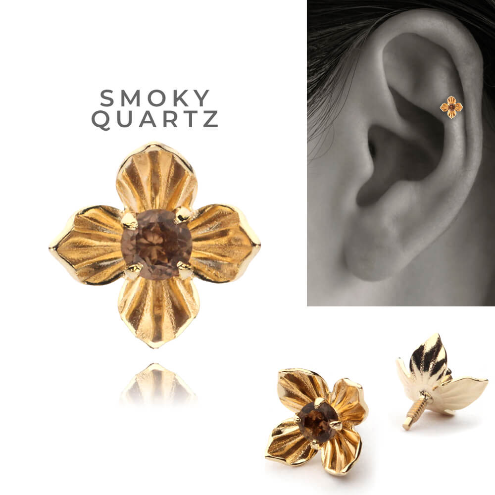 K10 フラワー ボディピアス │ 16G/14G イエローゴールド スモーキークォーツ/ピンクトルマリン/タンザナイト 天然石 カラーストーン 花びら