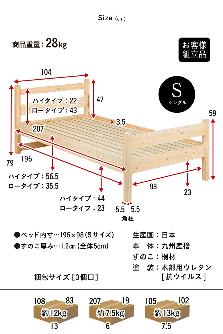 【5年保証/大川産/九州産ひのき使用/抗ウイルス塗装】シングルベッド CUOPiO(クオ...