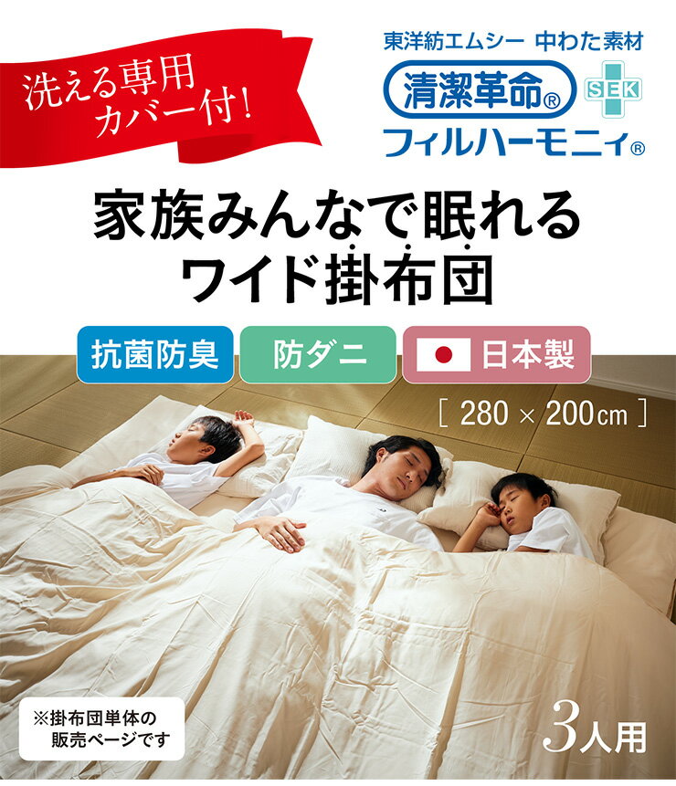【ポイント10倍!20時〜25:59】掛け布団 ファミリー 3人用 280x200cm 日本製 掛布団 洗えるカバー 掛け布団カバー付き ふとん 防ダニ 抗菌 防臭 無地 快適 快眠 清潔 安心 ゆったり 大きい布団 寝具 ファミリー布団 家族 ワイド掛布団 キング シンプル