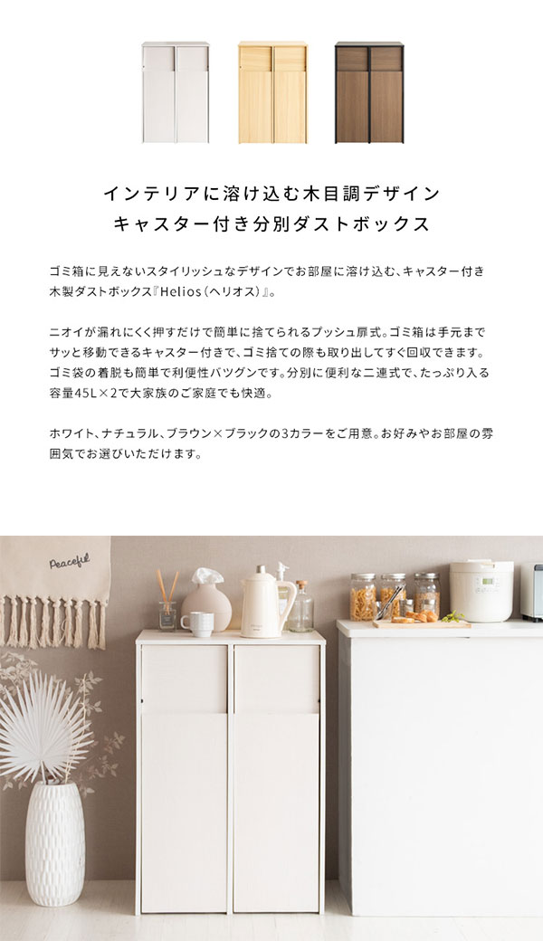 【7%OFFクーポン配布中】ゴミ箱 分別キャスター ダストボックス おしゃれ 北欧風 キャスター付き 大型 キッチン レンジ台 調味料 シンプル ゴミ袋が見えない Helios(ヘリオス) DB-F2100 pie-no-10005228 Pie-no サンプル画像2