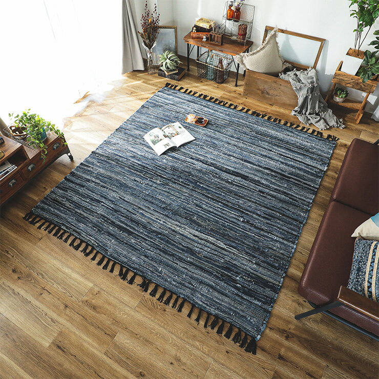 Rakuten - 【ポイント10倍!20時〜12日1:59】【ホットカーペット/床暖房対応】ラグ カーペット 190x190cm デニムラグ メーア ラグ おしゃれ ラグマット 正方形 絨毯 デニム生地 綿100％ ヴィンテージ 西海岸 アメリカン ジーンズ 手織り ハンドメイド ラグ