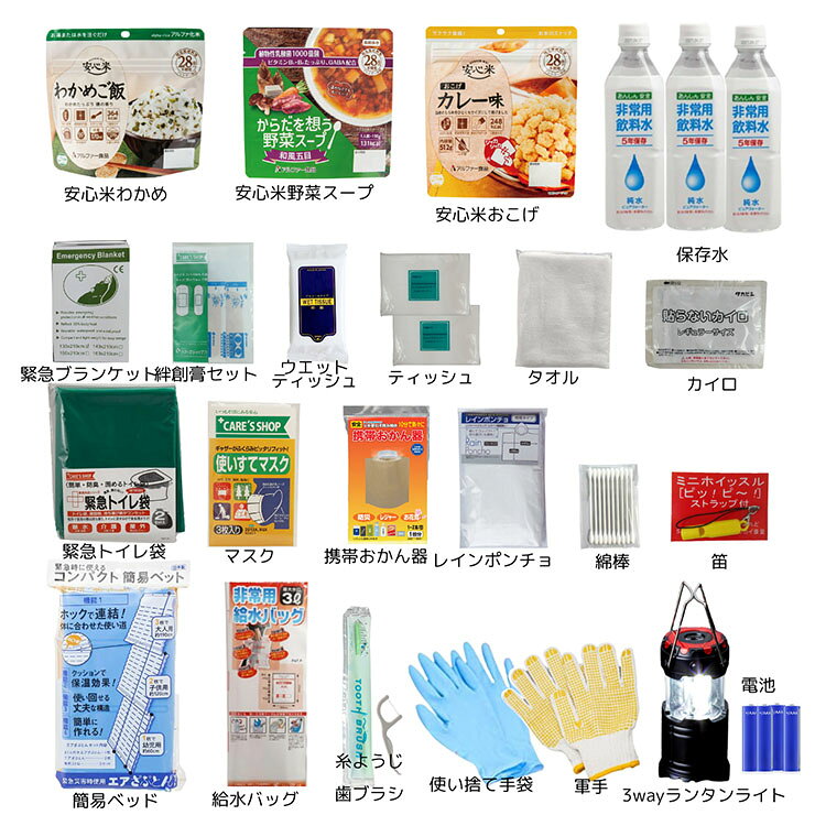 【防災士厳選】防災セット 1人用 25点セット 防災グッズ 防災リュック 災害グッズ 避難セット 避難グッズ 防災食 非常食 保存食 保存水 簡易トイレ 衛生用品 ランタン 簡易ベッド 地震対策 避難用持出袋 災害用 避難用品 pie-no-10008077 Pie-no サンプル画像2