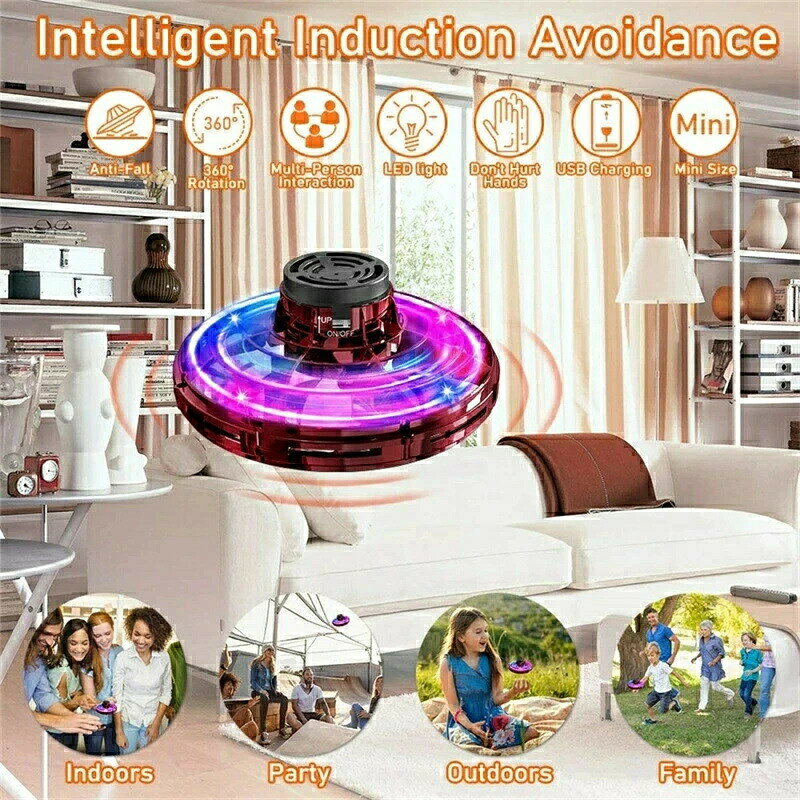 UFO飛行ジャイロ ハンドスピナー 回転で宙に浮く UFO形態 おもちゃ LED 360°回転 ミニドロン 大人 男子 女子 室内 アウトドア フライングスピナー 小型 飛行機 安全 室内 アウトドア 高度維持 お誕生日 子供 プレゼント プ