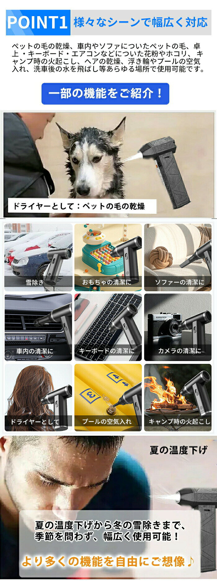 2024最新 洗車 ミニジェットファン ハイパワー電動送風機 空気入れ 強力 ターボジェットファン エアダスター ペットドライヤー 強力 110000RPM 17M/S 2000mAhx2 送風機 ブロアー 家庭用 小型 ジェットブロワー エアダスター 除雪 除塵 電動工具