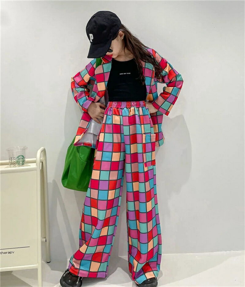 樂天商城 - チェック柄 キッズダンス衣装 スーツ セットアップ 韓国 子供服 k-pop 女の子 かっこいい ダンス衣装 ヒップホップ おしゃれ ダンスウェア キッズ 服 ジャケット 長袖 ロングパンツ ガールズダンス ストリート系 110 120 130 140 150 160 170