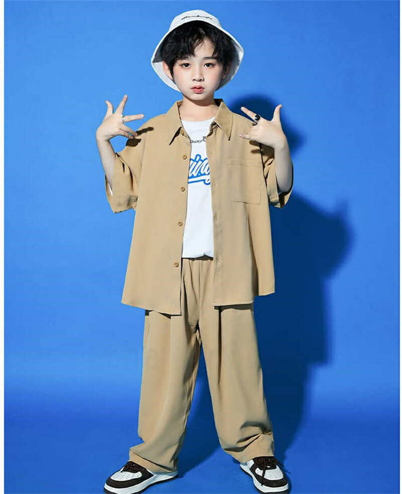 Rakuten - キッズ ダンス衣装 セットアップ カーキ スーツ シャツ パンツ 子供 ヒップホップ 韓国風 男の子 女の子 KPOP 演出服 練習服 レッスン着 jazz キッズダンス衣装 韓国 スーツ セットアップ 子供スーツ ロック ダンス 衣装 ゆるシャツ ズボン