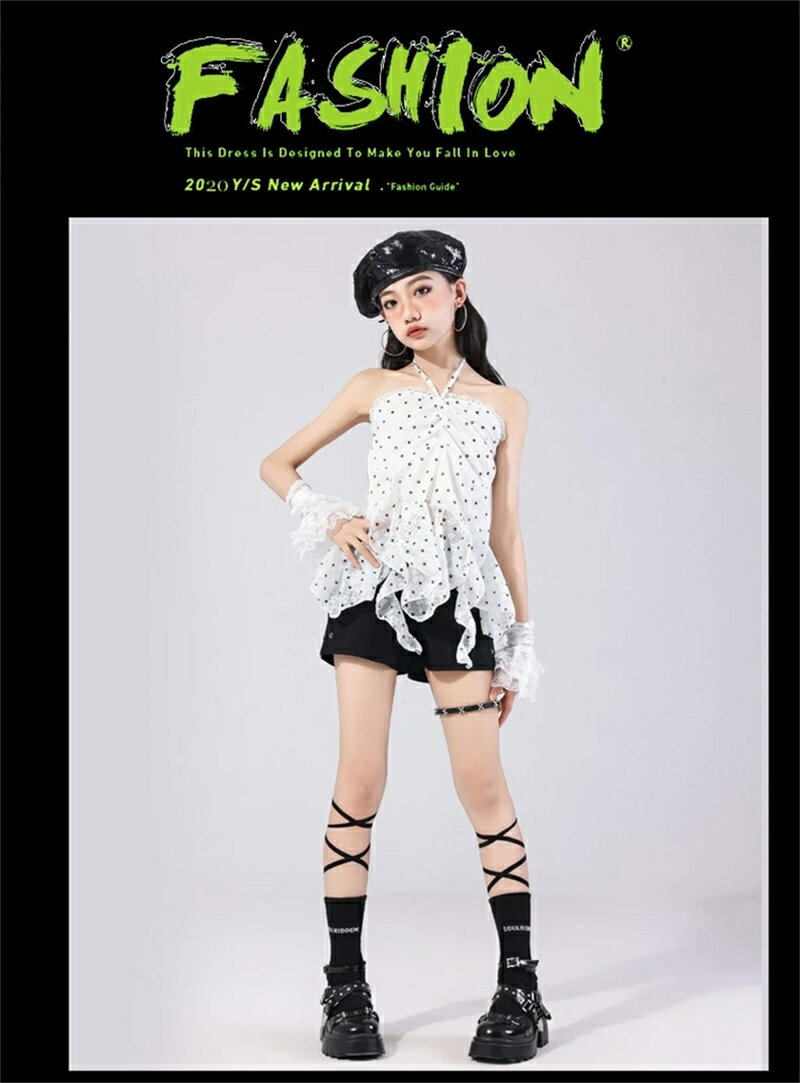 Rakuten - ダンス衣装 セットアップ 白 水玉 ドット柄 トップス フリル パンツ 黒 短パン 女の子 ダンス衣装 おしゃれ ダンス衣装 韓国アイドル hiphop 韓国 アイドル 衣装 ふりふり 子供 ダンス衣装 k-pop キッズダンス衣装 セットアップ