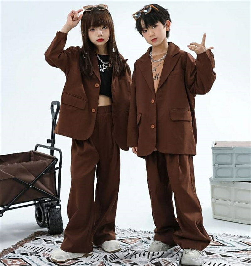Rakuten - 茶色 ダンス衣装 スーツ キッズ パンツセット カジュアルスーツ 子供服 ブラウン キッズダンス衣装 セットアップ ジャケット 長袖 ズボン スーツ ウエストゴム ダンス 衣装 ヒップホップ 男の子 ガールズ 子供ダンス 練習着 ダンス発表会 かっこいい