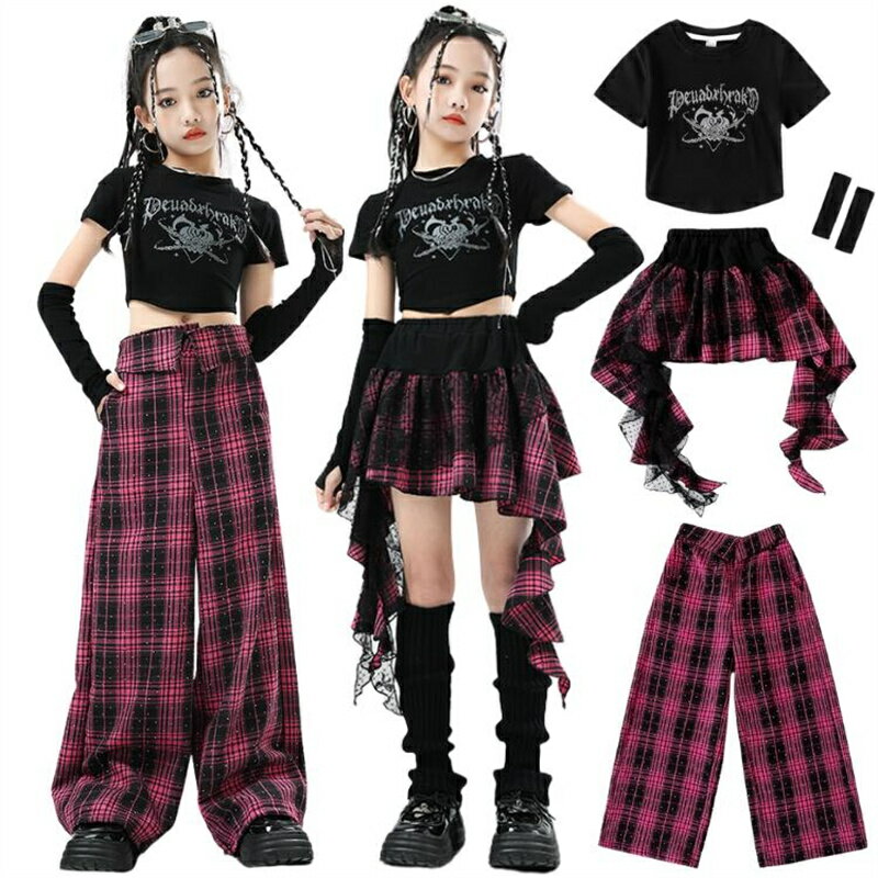 乐天商城 - ダンス衣装 女の子 演出会 応援団 発表会 ブラック ピンク 舞台服 キッズ チェック柄 子供服 韓国 ヒップホップ 団体服 練習着原宿系 k-pop トップス 袖カバー ロングパンツ スカート ストリート 演出服 ダンスウェア 発表会 DANCE 110-180