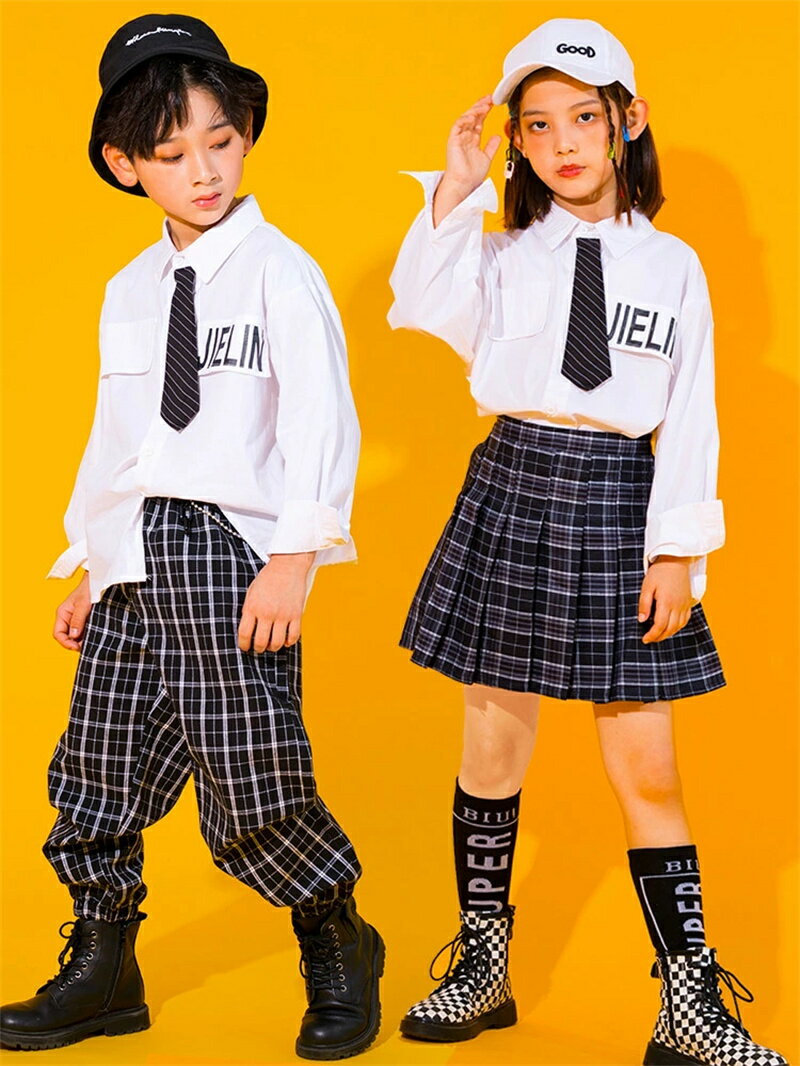 乐天商城 - ダンス衣装 K-POP 子供服 ヒップホップ キッズダンス衣装 セットアップ シャツ 白 パンツ スカート 黒 チェック柄 ネクタイ チア 演出服 運動会 ダンス 衣装 キッズ セット 男の子 女の子 イベント 発表会 ステージ映え 110 12 0 130 140 150 160 170