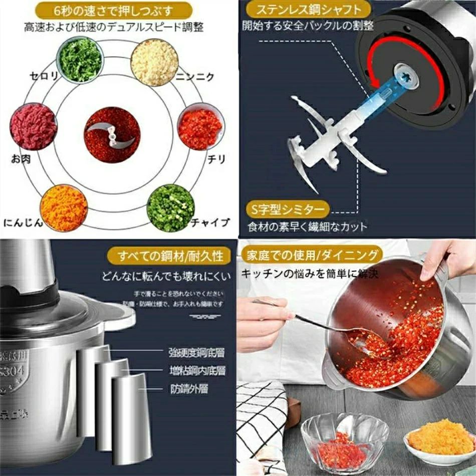 フードプロセッサー ミキサー 小型 粉末機 家庭用 ブレンダー 離乳食 大根おろし器 電動 コンパクト 大容量 2L 肉 野菜 ステンレス鋼刃 みじん切り器 ガラス
