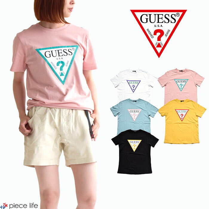 【20 OFF】 guess tシャツ ゲス GUESS Tシャツ クルーネック 三角ロゴ トライアングル シンプル プリント メンズ レディース ユニセックス 男女兼用 リンクコーデ ペア 半袖 ブランド ストリート 綿100％ ビッグ ピンク 黄色 黒 pink yellow black MJ2K9415