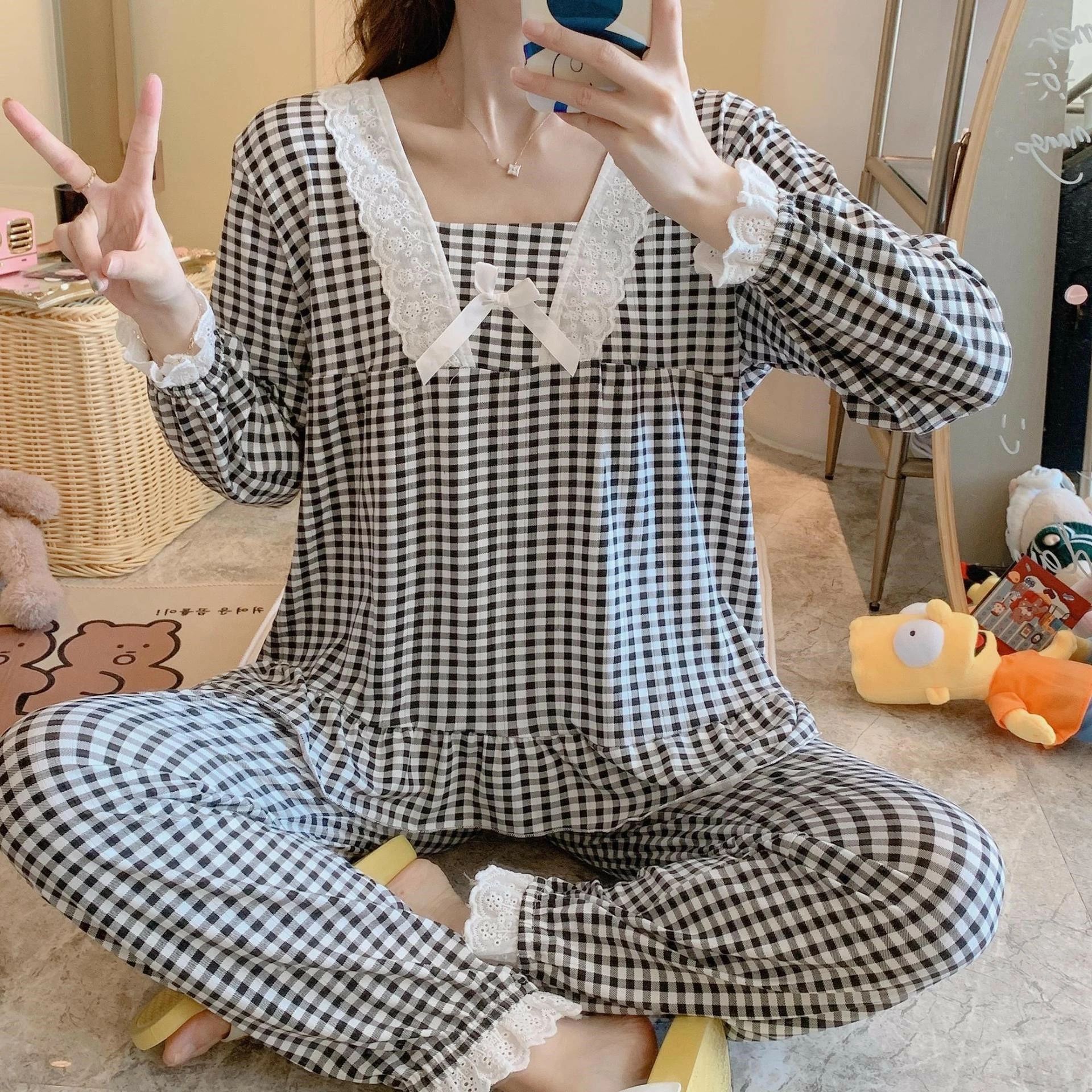 Rakuten - パジャマ レディース ルームウエア 2点セット 上下セット 春夏 薄手 可愛い チェック 部屋着 寝巻き レディースパジャマ オシャレ きれいめ ゆったり 5色