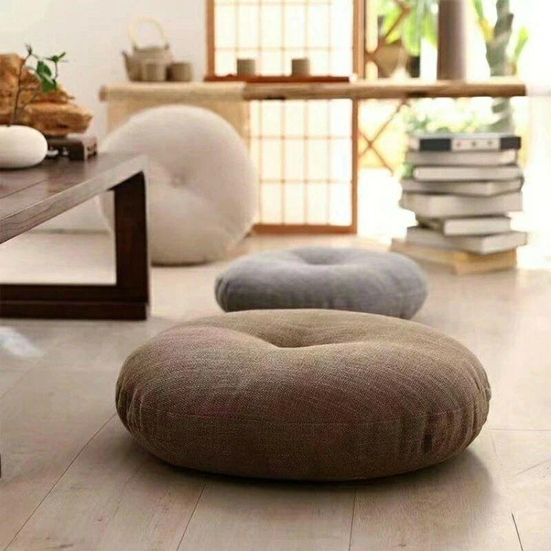 チェアクッション 椅子用 ごろ寝クッション 風合いドビー カバー付き チェアパッド リネン 麻 畳 丸型 ..