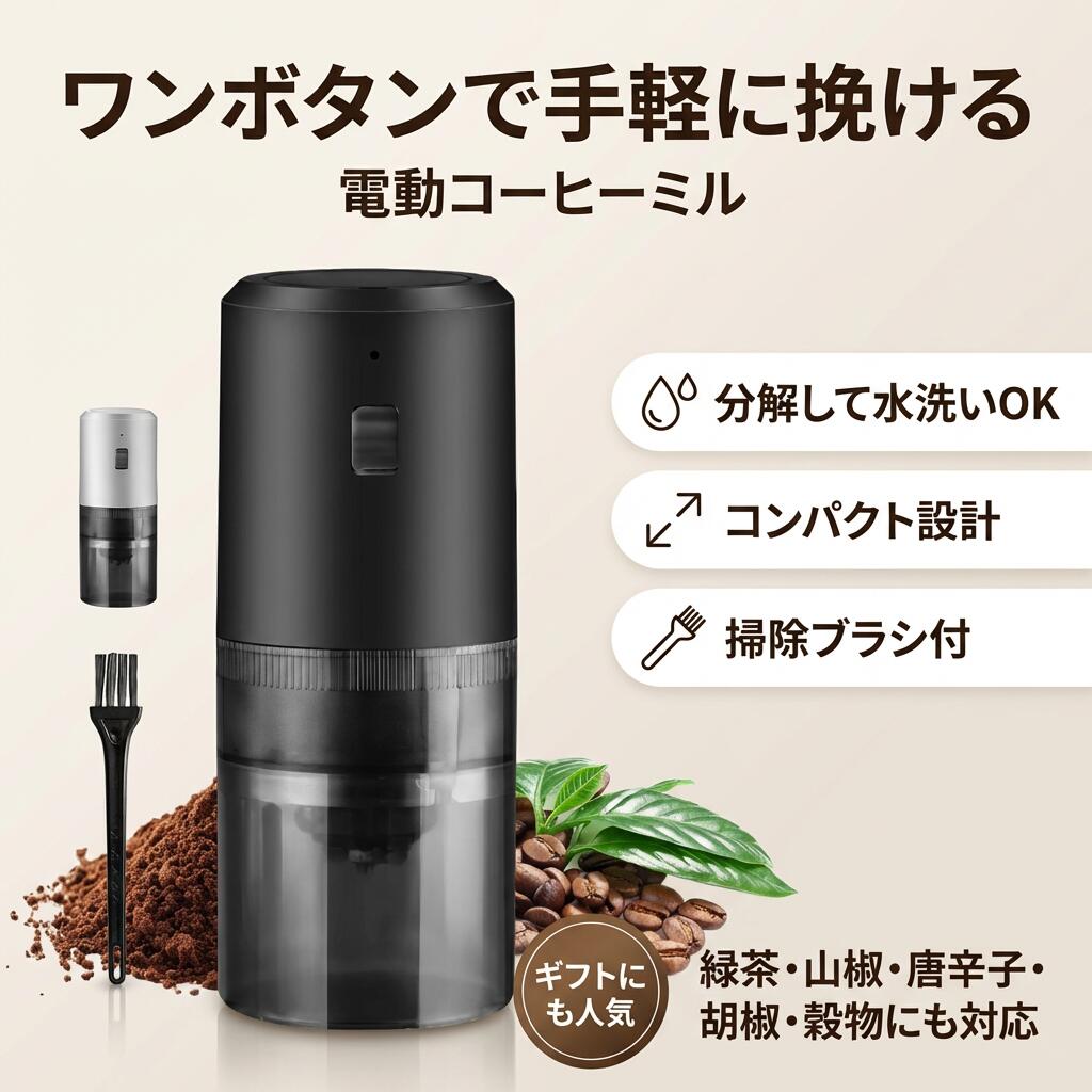コーヒーミル 電動 カッター コーヒーミル 電動コーヒーミル 商品ポイント 【簡単・直感的なワンボタン操作】 操作はワンボタンで完結し、誰でも簡単に扱えます。忙しい朝の時間にも外出先にも、ボタンを一度押すだけでスムーズにコーヒー豆を挽くことができるため、手軽さが際立ちます。シンプルな設計は初心者にも優しく、コーヒー愛好家にも満足していただけるでしょう。 【分解可能で清潔が保ちやすい構造】 本製品は、分解洗浄が可能な設計になっており、使用後のお手入れがとても簡単です。水洗い可能なパーツもあるため、いつでも清潔に保てます。その他のパーツは付属のブラシや布でさっと拭くだけでOK。コーヒーの粉や油分も簡単に取り除け、毎回清潔な状態で使用できるため、衛生面でも安心です。 【高性能セラミック刃で豊かな風味を実現】 コーヒー豆を挽く刃には高性能なセラミック素材を採用。豆を挽く際に熱がこもりにくく、豆本来の香りや風味をしっかりと引き出します。金属製の刃に比べて耐久性が高く、匂い移りが少ないため、純粋なコーヒーの香りを毎回楽しむことができます。長期間使っても切れ味が持続し、毎回新鮮なコーヒーが味わえるのもポイントです。 【お好みに応じた粗さ調整機能で多様なコーヒーに対応】 挽き目の粗さを自由に調整できるため、ドリップコーヒーやエスプレッソ、フレンチプレスなど、多様なスタイルに対応できます。挽き加減はダイヤルを回すだけで簡単に調整できるため、初心者でもお好みのコーヒーが手軽に楽しめます。自分好みの一杯を追求したい方にぴったりです。 【コードレス、場所を選ばず使用可能】 Type-Cポートを使用した充電方式で、USBケーブルやモバイルバッテリーで簡単に充電ができます。フル充電で約15~20回の使用が可能なため、アウトドアや旅行先でも安心してお使いいただけます。また、コードレス設計で、電源がない場所でも本格的なコーヒーを楽しめるので、どこでもカフェ気分を味わえます。 梱包サイズ 20.8 x 8.3 x 8.2 cm 素材 プラスチック 梱包重量 0.45 キログラム リチウム電池パック 電池内蔵 検索関連ワード コーヒーミル, 電動コーヒーミル, カッター式, コーヒー豆, 粉末, ひき機, お手入れ簡単, 分解水洗い, ワンボタン操作, コンパクト, 掃除ブラシ付, 粗さ調整, 多機能, 送料無料, 人気, おすすめ, ギフト, プレゼント, 新生活, 母の日, 父の日, 誕生日, 山椒, 唐辛子, 胡椒, 穀物対応, 高性能セラミック刃, 香り, 風味, 清潔, 簡単操作, 手軽, 初心者, コーヒー愛好家, シンプルデザイン, 洗いやすい構造, 衛生面, 時間短縮, 外出先, スムーズ, 挽きたて, リフレッシュ, スタイルアップ, おしゃれ, 高見え, こだわり, トレンド, 定番, 家庭用, キッチン家電, バレンタイン, ホワイトデー, 楽天スーパーSALE, お買い物マラソン 注意事項 ・ラッピング対応は行っておりません。 ・予告なく仕様変更になる場合がございます。 ・写真はイメージです。実際の商品と若干異なる場合がございます。 ・基本は全国一律送料無料と対応させていただきますが、沖縄・北海道・離島地域へお届けの場合は別途送料をご請求させていただきます。 ・商品のサイズは採寸方法によって、若干な誤差が生じる場合はあります。ご了承ください。 品質保証 ・出品商品は全て新品未使用です。 ・安心の初期不良対応 ：万が一商品に不具合があった場合は、商品到着後7日以内にご連絡ください。 ・不具合の状況確認のため、写真や動画のご提供をお願いする場合がございます。確認後、速やかに「新品交換」または「ご返金」にて対応させていただきます。 ・お客様に安心してご購入いただけるよう、誠心誠意サポートいたします。「悪い評価」を付ける前に、まずはお気軽にご相談ください。 電動コーヒーミル, 電動コーヒーひき機, 電動コーヒーミル カッター式, カッター式ミル, コーヒー豆 ひき機, コーヒー 粉末化, ワンボタン 操作, ワンタッチ, ワンボタン簡単, 粗さ調整, 粗挽き, ひき目調整, セラミック刃, セラミックカッター, 匂い移り低減, 香り重視, 豆挽き, 分解水洗いOK, 分解洗浄, 水洗い可能, 掃除ブラシ 付属, お手入れ簡単, 清潔, 鮮度キープ, コンパクト, 小型, 卓上, 新生活 キッチン, 一人暮らし, オフィス コーヒー, 朝の時短, 忙しい朝, 送料無料, ポイント消化, プレゼント, ギフト, 人気 おすすめ, 母の日 プレゼント, 父の日 ギフト, 誕生日 ギフト, コーヒー好き, 緑茶 ミル, 山椒 ひき機, 唐辛子 ひき, 胡椒 ミル, 穀物対応, スパイス 砕き, 穀物 粉末, 雑穀ミル, おしゃれ キッチン家電, 高見え, トレンド家電注意事項：モニターの発色により、実物と異なる場合がございます。