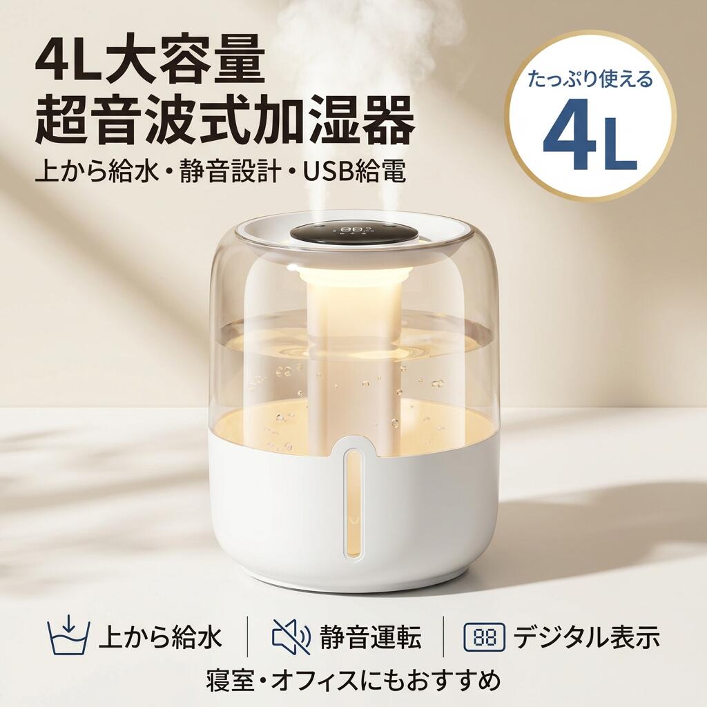 【4L大容量デジタル表示】超音波式加湿器 小型 卓上 おしゃれ 北欧 USB給電式 静音 上から給水 LEDライト付き オフィス 寝室 子供部屋 乾燥対策 ホワイト ギフト ポイント消化 プレゼント 人気 おすすめ 母の日 父の日 誕生日