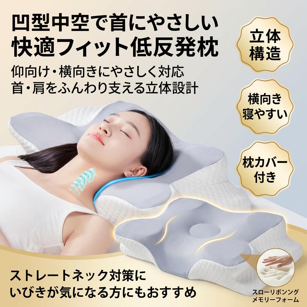 Muatsu Pillows - 【凹型中空で首にやさしい】低反発枕 枕カバー付き ストレートネック 頚椎サポート いびき防止 横向き 仰向け 男性 女性 敬老の日 母の日 父の日 ギフト プレゼント まくら ポイント消化 人気 おすすめ 誕生日