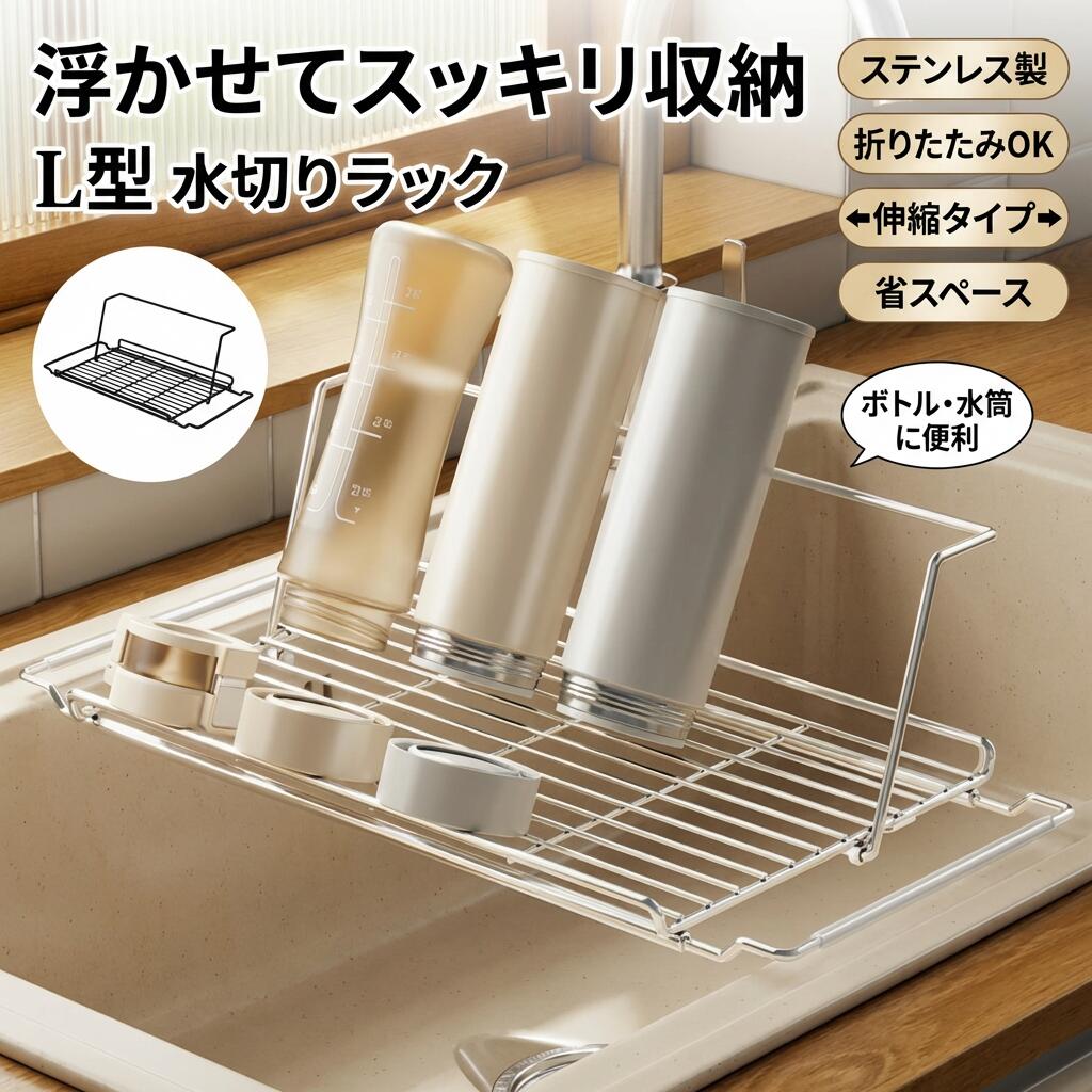Rakuten - 【浮かせてスッキリ収納】水切りラック フロート式 ステンレス 折りたたみ 伸縮 L型 シンク上 シンク内 シンク横 水切りかご 水切りバスケット 食器 乾燥 収納 ギフト ポイント消化 プレゼント 人気 おすすめ 母の日 父の日 誕生日
