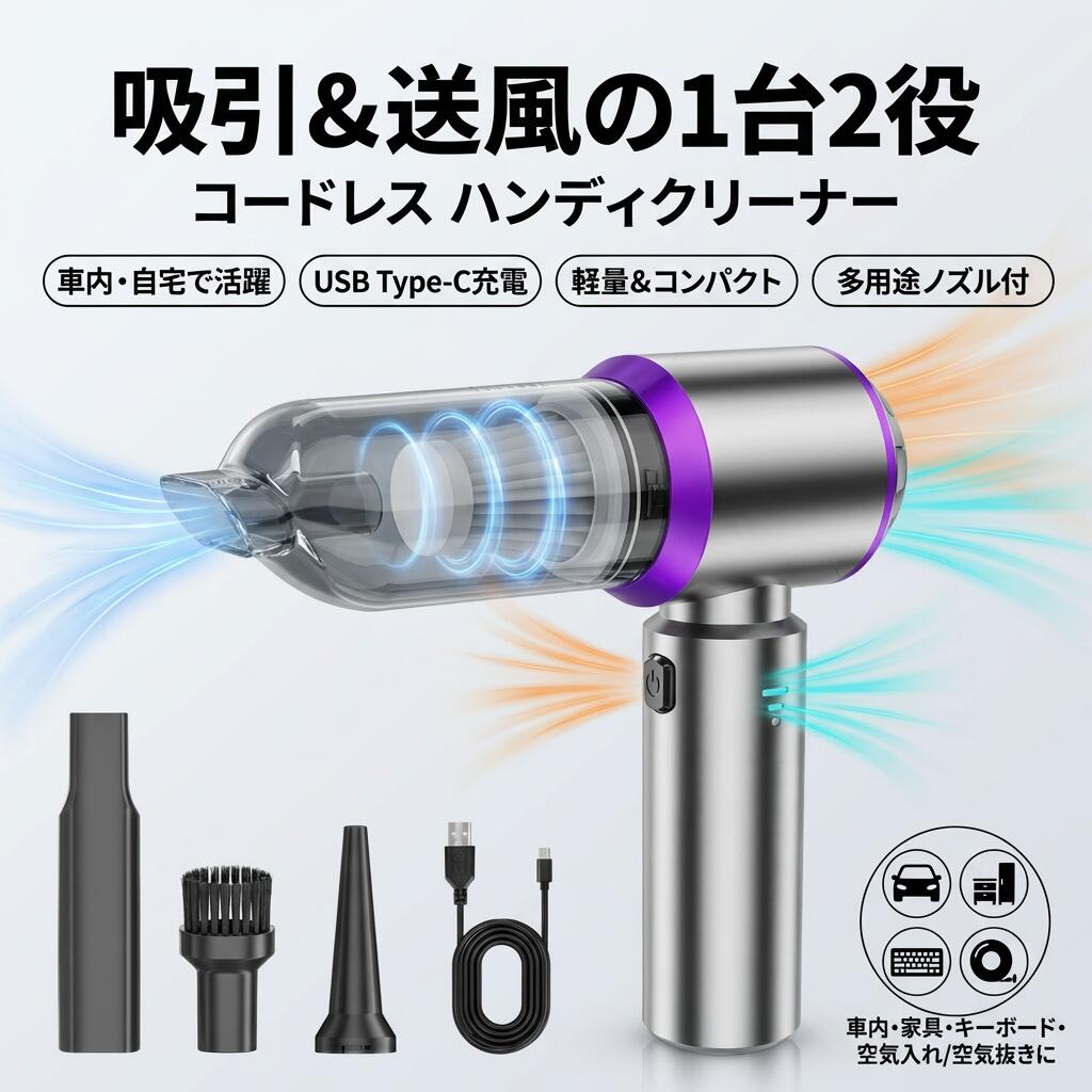【吸引＆送風の1台2役】コードレス ハンディクリーナー 車用掃除機 小型 USB Type-...