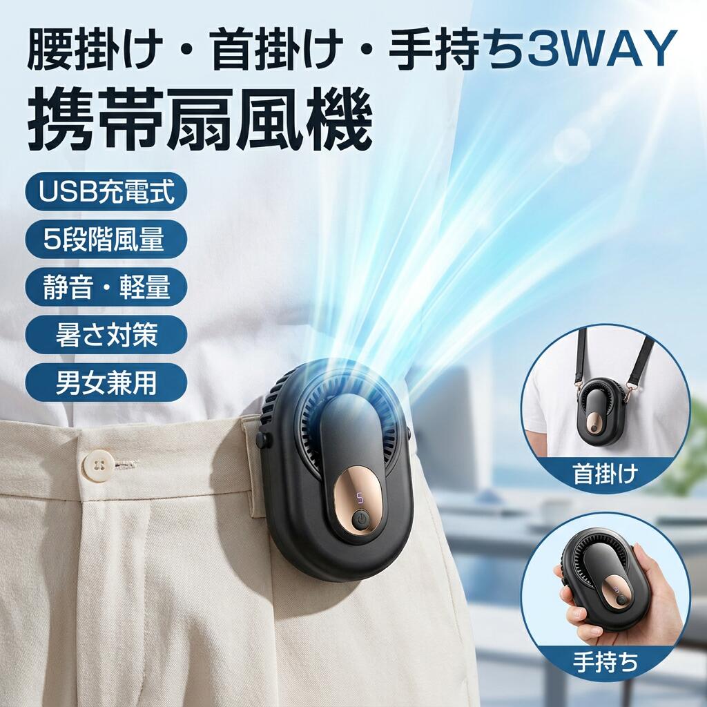【腰掛け・首掛け・手持ち3WAY】腰掛けファン 携帯扇風機 腰掛け扇風機 首掛け扇風機 手持ち 小型 静音 軽量 USB充電式 5段階風量 暑さ対策 熱中症対策 男女兼用 おしゃれ ポイント消化 プレゼント ギフト 人気 おすすめ 母の日 父の日 誕生日