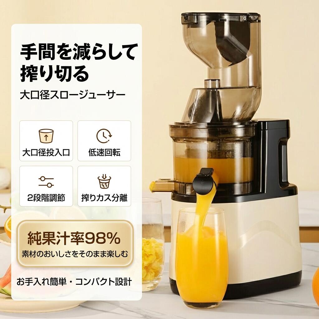 【手間を減らして搾り切る】スロージューサー 小型 大容量 低速回転 ミニジューサー 大口径 2段階調節 搾りカス分離 酵素 ビタミン フルーツ 野菜 ジュース ミキサー お手入れ簡単 コンパクト 鮮度キープ ポイント消化 プレゼント ギフト 人気 おすすめ 母の日 父の日