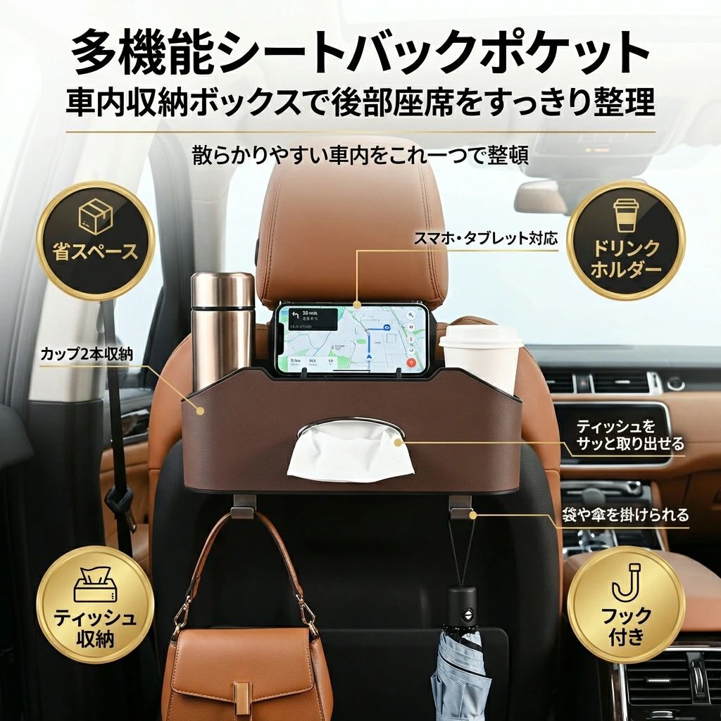 Rakuten - 【多機能シートバックポケット】車内収納ボックス レザー製 ドリンクホルダー 後部座席 小物入れ カップホルダー フック付き ティッシュボックス スマホ タブレット 傘 省スペース ブラック 車用 吊り下げ 便利 小物収納 車載ポケット ポイント消化 プレゼント ギフト 人気