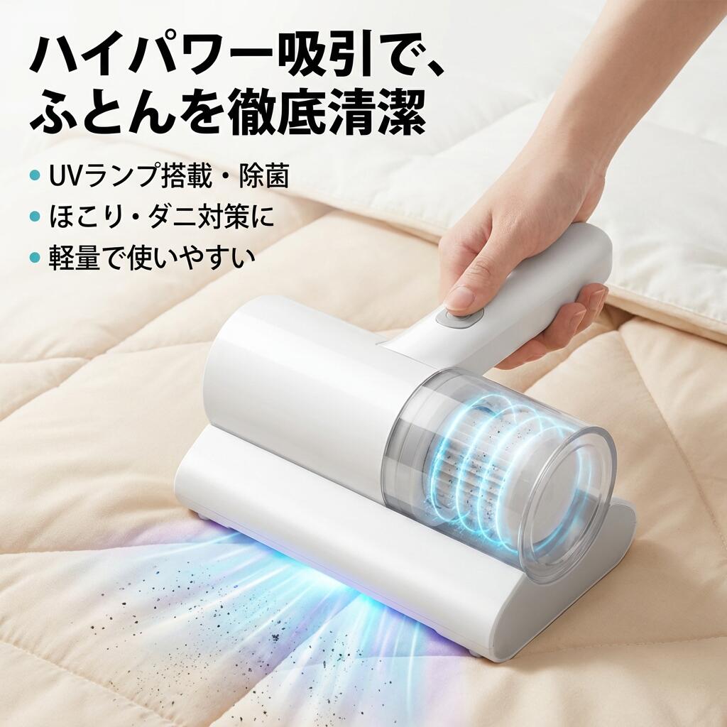手軽にサッと、ハウスダスト対策！ 大人気の布団クリーナーにハイパワーモデルが登場。 ハウスダスト除去率99％以上。 ふとんに潜むダニやゴミを浮き上がらせてパワフル吸引。 手軽にサッと、ハウスダスト対策。 ダニアレルゲンを吸引。 さらに、吸引力でアレル物質を逃しません。 細かいチリやホコリも、隅々までしっかり吸引。 たたき回数約6000回/分高速振動でアレル物質をたたき出す。 布団に絡みついた髪の毛やペットの気も、しっかりかき出し吸い取ります 注意事項 ・ラッピング対応は行っておりません。 ・予告なく仕様変更になる場合がございます。 ・写真はイメージです。実際の商品と若干異なる場合がございます。 ・基本は全国一律送料無料と対応させていただきますが、沖縄・北海道・離島地域へお届けの場合は別途送料をご請求させていただきます。 ・商品のサイズは採寸方法によって、若干な誤差が生じる場合はあります。ご了承ください。 品質保証 ・出品商品は全て新品未使用です。 ・安心の初期不良対応 ：万が一商品に不具合があった場合は、商品到着後7日以内にご連絡ください。 ・不具合の状況確認のため、写真や動画のご提供をお願いする場合がございます。確認後、速やかに「新品交換」または「ご返金」にて対応させていただきます。 ・お客様に安心してご購入いただけるよう、誠心誠意サポートいたします。「悪い評価」を付ける前に、まずはお気軽にご相談ください。 ふとんクリーナー, 布団クリーナー, 布団そうじ, 布団掃除機, マットレスクリーナー, 布団掃除, ほこり吸引, ハウスダスト対策, ダニ対策, ダニアレルゲン吸引, アレル物質吸引, 粉じんケア, チリ吸い取り, ホコリ取り, 高速振動, たたき回数約6000回分, ハイパワー吸引, パワフル吸引, 細かいゴミ吸引, 髪の毛吸い取り, ペットの毛吸引, ペットの気対策, すみずみ吸引, 片手で手軽, サッとお掃除, 省スペース, 卓上家電, 一人暮らし, 新生活, オフィス, 寝室, リビング, ベッド周り, マットレス, ふとん, UVランプ, UV付きふとんクリーナー, 清潔ケア, お手入れ簡単, 収納しやすい, おしゃれ家電, 人気, おすすめ, 大人気, 定番, プレゼント, ギフト, 母の日, 父の日, 誕生日, 楽天スーパーSALE, お買い物マラソン, ポイント消化, 送料無料, 3409円注意事項：モニターの発色により、実物と異なる場合がございます。