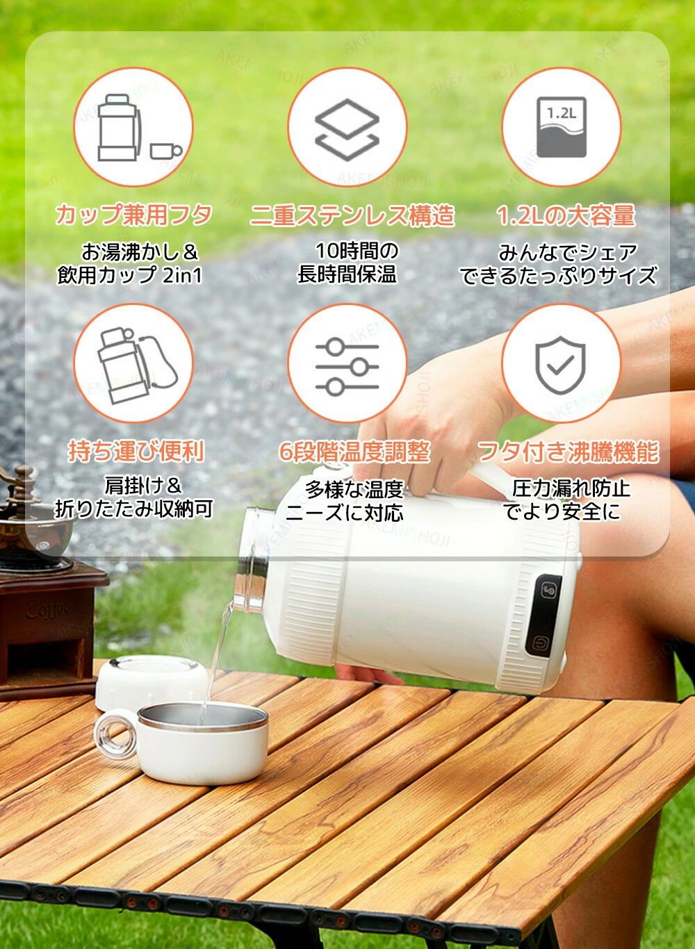 【持ち運びやすい】ポータブル電気ケトル 1.2L 二重構造 316ステンレス 6段階温度...
